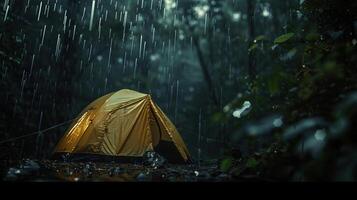 ai generado tienda en el tropical bosque con lluvia a noche. trópico, calma, pacífico, tranquilo, cámping, relajarse foto