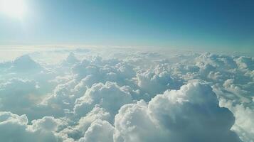 ai generado cielo lleno de nubes desde avión ventana. nube, avión, naturaleza, paisaje, clima, luz, aire foto
