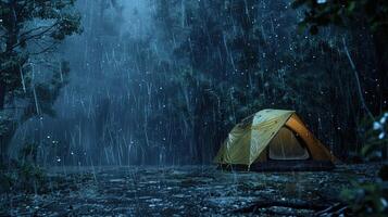 ai generado tienda en el tropical bosque con lluvia a noche. trópico, calma, pacífico, tranquilo, cámping, relajarse foto