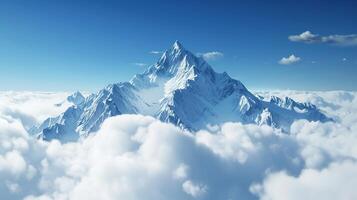 ai generado enorme Nevado montaña pico encima el nubes con azul cielo. paisaje, nieve, objetivo, meta, hielo foto