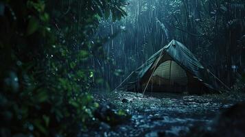 ai generado tienda en el tropical bosque con lluvia a noche. trópico, calma, pacífico, tranquilo, cámping, relajarse foto