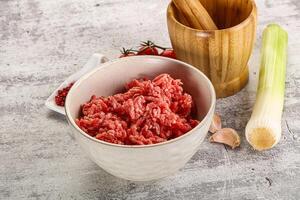 Minced beef meat in the bowl photo