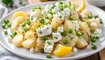 ai generado hecho en casa fornido patata ensalada con primavera cebollas cebollino, limón ánimo, pimienta, queso feta queso y mostaza yogur salsa foto