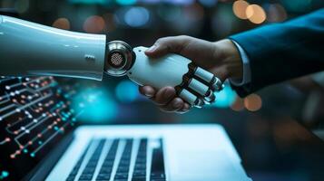 AI generated Robot handshake with human, future business partnership concept, Generative AI photo