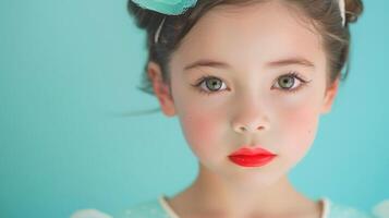 AI generated Close-up, Pretty face of a beautiful child girl with multi colors vivid makeup on minimal background, Generative AI photo