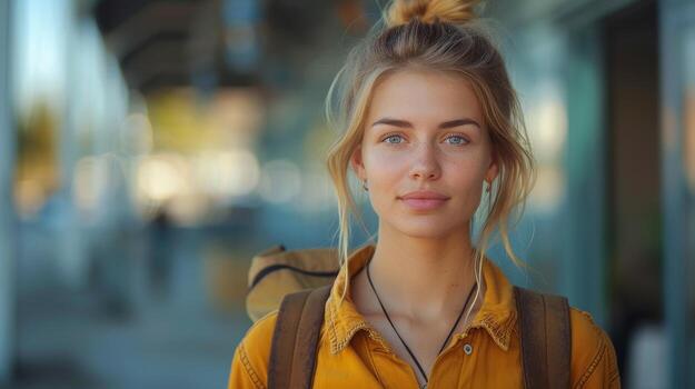 ai generado trabajo duro, inventivo mujer trabajando en un Ingenieria proyecto, teniendo café en el techo de un moderno oficina edificio. renovable energía concepto. presentación de el proyecto. foto