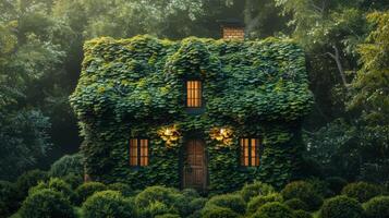 AI Generated The background of the photo is green, and the house is covered with green plants