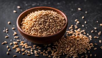 AI generated Dry crushed spelt in a bowl on a dark background. photo