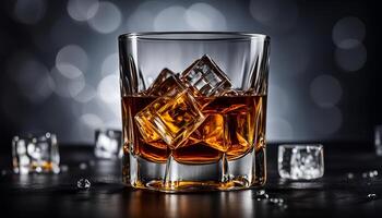 ai generado vaso de whisky con hielo y roble hojas en un oscuro antecedentes foto