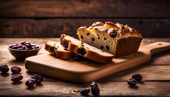 AI generated Raisin bread on a wooden table. photo