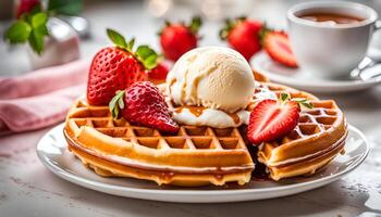 AI generated delicious waffles on white plate with strawberry and ice cream photo