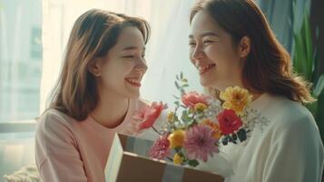 ai generado esta es un hermosa imagen de un joven mujer en su de la madre brazos con flores y un regalo caja. foto