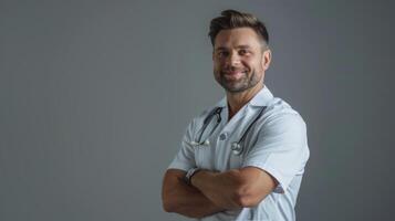 AI Generated Concept of healthcare, medical staff. Portrait of smiling male doctor posing with folded arms on grey studio background. Free space. photo