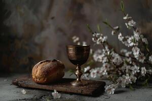 AI Generated Still life with chalice and bread representing Easter Communion photo