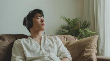 AI Generated In wireless headphones, a calm asian man sits on a couch, listening to music, a podcast, and enjoying meditation for sleep and a peaceful mind. photo