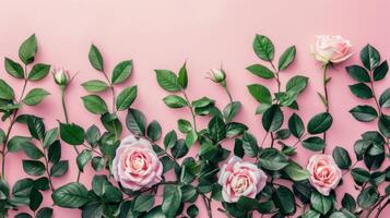 AI Generated Featuring rose flowers and green leaves on a pink background. Springtime composition with copyspace. photo
