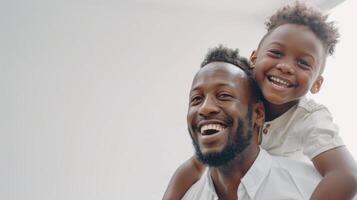 AI Generated On a white background, a father gives a piggyback ride to his son photo