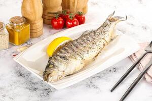 Grilled sea bass fish served lemon photo