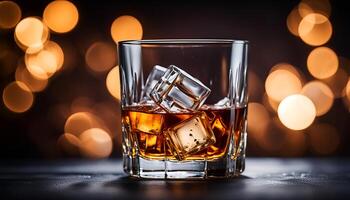 AI generated Glass of whiskey with ice and oak leaves on a dark background photo