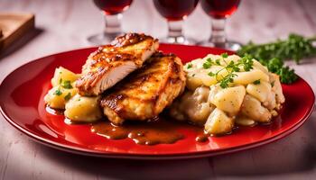 AI generated Chicken filet in sauce with smashed potatoes served on a red plate photo