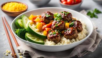 AI generated Healthy lunch bowl with meatballs, vegetables and cauliflower rice photo