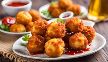 AI generated Deep fried cheese balls on plate and ketchup photo