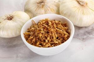 Dried roasted onion flakes for culinary photo