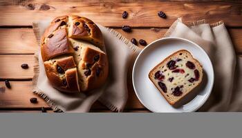 AI generated Raisin bread on a wooden table. photo