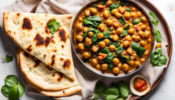 AI generated Vegetarian chickpea, spinach, potato curry plate and naan flatbread on white background, top view. Indian healthy food photo