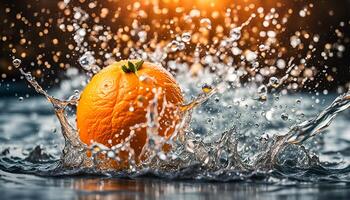 ai generado agua salpicaduras en naranja foto