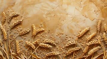 AI generated ears of wheat on a brown background, top view, copy space photo