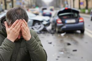 ai generado un hombre sostiene su cabeza con su manos en contra el antecedentes de un roto auto, un coche accidente en un ciudad calle foto