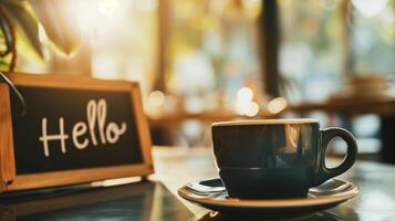 AI generated Coffee cup and chalkboard with hello text on table in cafe photo