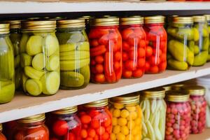 AI generated a lot of canned vegetables in glass jars on the shelves photo