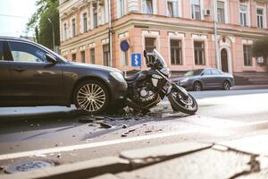 ai generado un motocicleta estrellado dentro un coche en un ciudad calle, accidente de el coche y el motociclista foto