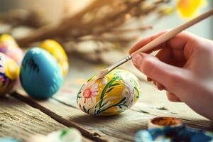 AI generated hand with a brush paints an Easter egg photo