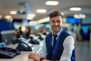 ai generado retrato de un sonriente aeropuerto empleado en uniforme a el registrarse mostrador foto