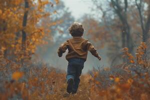 ai generado pequeño chico corriendo en el otoño bosque. contento infancia y alegría concepto foto