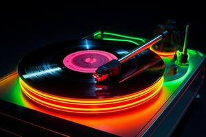 AI generated Turntable with vinyl record in nightclub. Close up view. photo