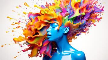 AI generated Woman face adorned with flowing paint art, multicolor explosion, Generative AI photo