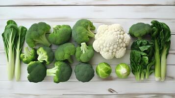 AI generated Vegetables cauliflower, broccoli, Brussels sprouts, peas on a white wooden background, top view, copy space photo