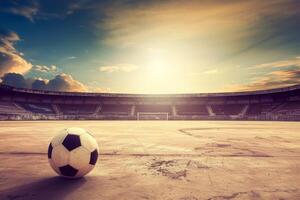 ai generado de cerca de antiguo fútbol pelota en el estadio en el noche luz, generativo ai foto