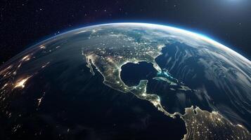 AI generated Earth from space showing the detail of the atmosphere and city lights. photo