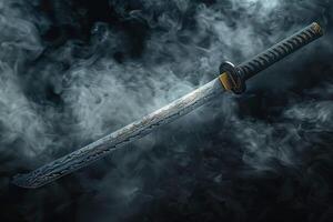 ai generado japonés samurai espada katana en un negro antecedentes. selectivo enfocar. superficial profundidad de campo foto