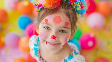 ai generado de cerca, bonito cara de un hermosa niño niña con multi colores vívido maquillaje en mínimo fondo, generativo ai foto