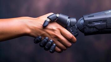 AI generated Robot handshake with human, future business partnership concept, Generative AI photo