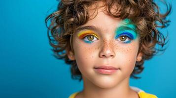 ai generado de cerca, bonito cara de un hermosa niño chico con multi colores vívido maquillaje en mínimo fondo, generativo ai foto