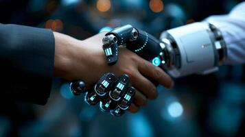 AI generated Robot handshake with human, future business partnership concept, Generative AI photo