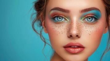 AI generated Close-up, Pretty face of a beautiful woman with multi colors vivid makeup on minimal background, Generative AI photo