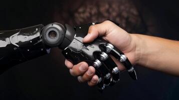 AI generated Robot handshake with human, future business partnership concept, Generative AI photo
